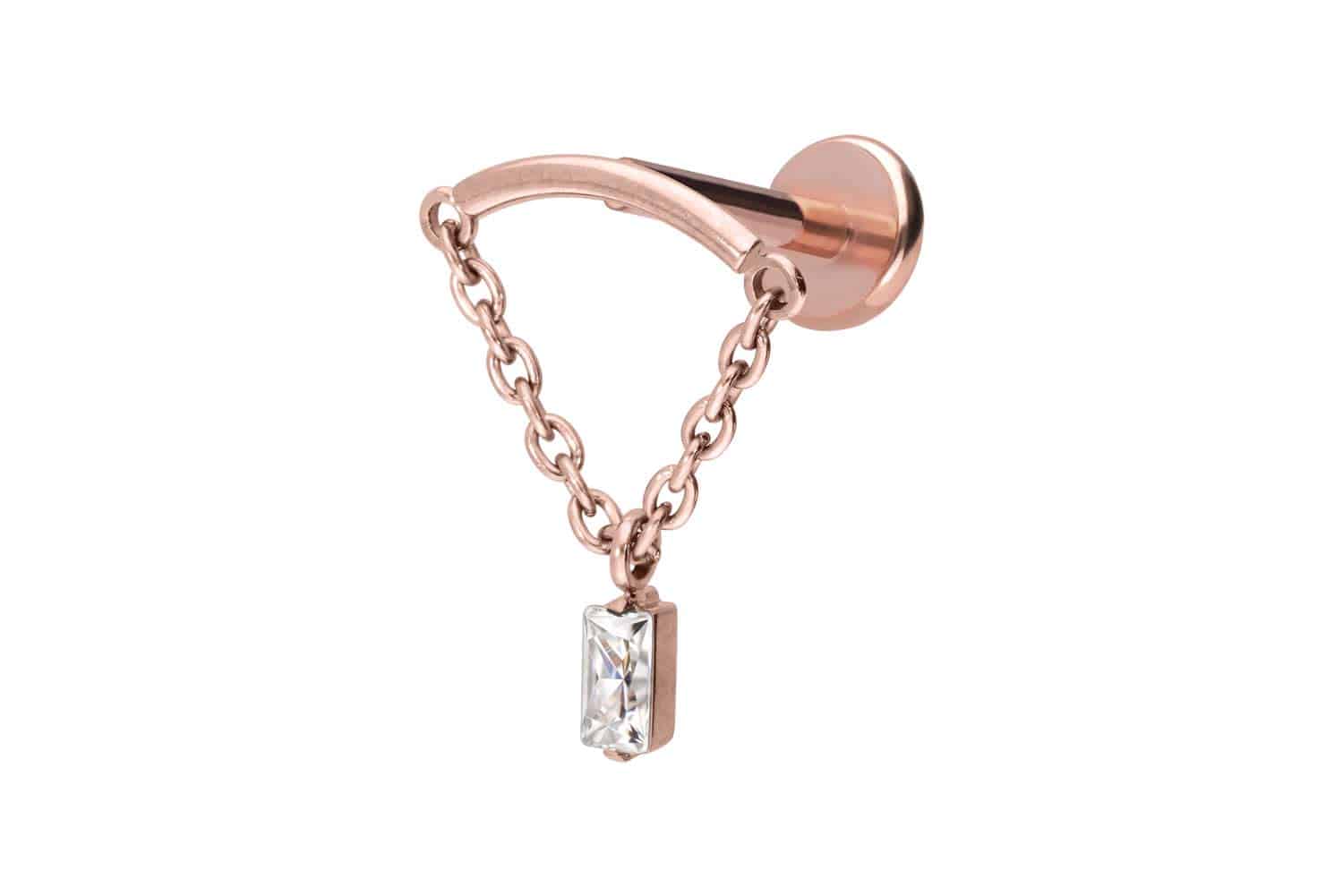 Titan Labret Piercing mit Push Fit BOGEN + KETTE + KRISTALLRECHTECK